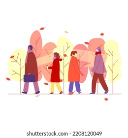 Autumn, people in warm clothes go to work, men and women, with coffee, bag, autumn colors, leaves, trees