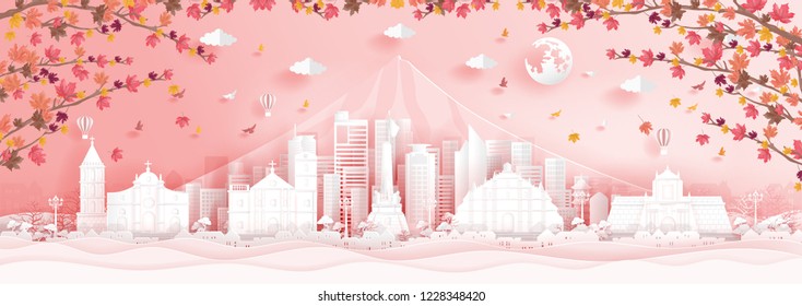 Autumn in Philippines with falling maple leaves in paper cut style vector illustration