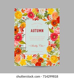 Autumn Photo Frame with Maple Leaves and Flowers. Seasonal Fall Design Card. Vector illustration