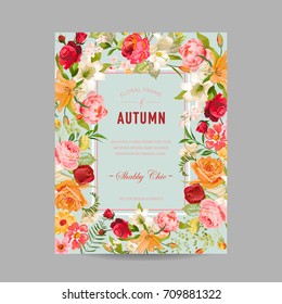 Autumn Photo Frame with Orchid and Lily Flowers. Seasonal Fall Design Card. Vector illustration