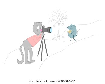 Sesión de fotos del otoño en el parque. Imagen vectorial de un gato de dibujos animados tomando fotos de un ratón. Concepto de pasar tiempo en otoño, sesiones fotográficas en la naturaleza