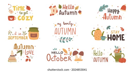 Autumn phrases with cute and cozy design elements decorative bundle. Fall inscription collection isolated. Vector illustration