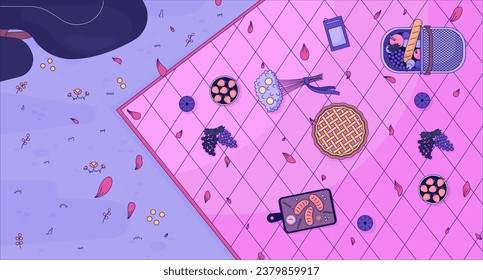 Autumn picnic blanket countryside lofi wallpaper. Harvest fruits flowers 2D overhead top view cartoon flat illustration. Wild flowers petals chill vector art, lo fi aesthetic colorful background