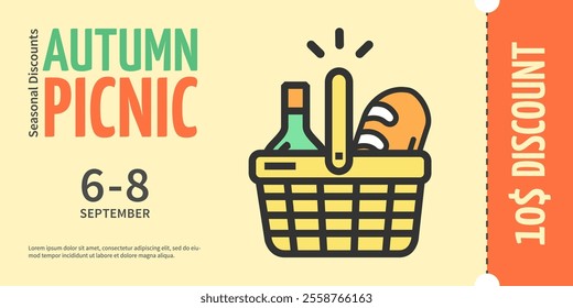 Autumn Picnic Concept Horizontal Ticket Placard Poster Banner Card Template Basket with Bottle Wine and Bread. Vector illustration of Coupon Discount