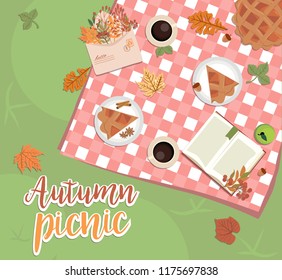 Autumn picnic illustration. Thanksgiving day invitation or greeting card. Fall landscape, leaves and food on red checkered plaid, top view illustration. Editable vector illustration