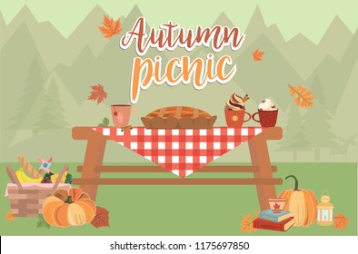 Autumn picnic illustration. Thanksgiving day invitation or greeting card. Fall landscape, leaves and food on red checkered plaid, top view illustration. Editable vector illustration