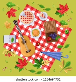 Autumn picnic in park or forest. Fall landscape, leaves and food on red checkered plaid, top view illustration. Vector thanksgiving background.