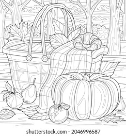 Herbstpicknick im Park. Kürbis und Früchte.Farbbuch Antistress für Kinder und Erwachsene. Illustration einzeln auf weißem Hintergrund.Zen-Winkel-Stil. Handziehen