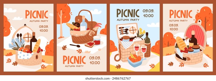 Autumn picnic party invitation template set. Picnic baskets filled with goodies against a vibrant autumn backdrop. Flat vector illustration