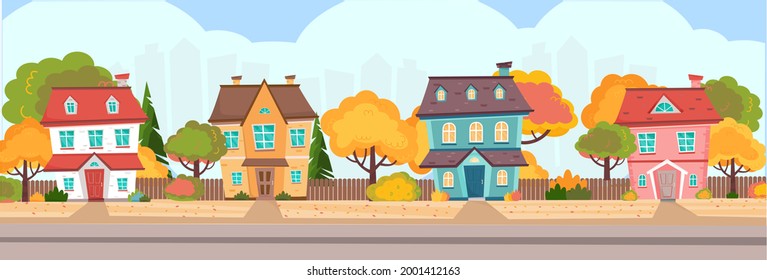 Temporada de otoño en la ciudad. Casas coloridas rodeadas de árboles y arbustos en otoño. Otoño en la ciudad, pueblo, suburbio. Banner horizontal. Ilustración vectorial al estilo de las caricaturas planas. 