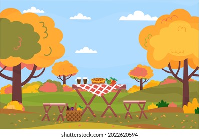 Autumn picnic. Rest in forest, park, on open air. Picnic outside. Table, chairs, picnic basket on the autumn landscape background. Food and drink. Sunny autumn day. Vector illustration.