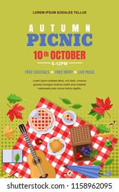 Autumn Picnic, Vector Poster, Banner Layout. Fall Landscape, Leaves And Food On Red Checkered Plaid, Top View Illustration. Outdoors Weekend And Thanksgiving Holiday Background.