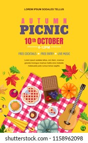 Autumn picnic, vector poster, banner template. Fall leaves and food on red checkered plaid, top view illustration. Outdoors weekend and thanksgiving holiday background.
