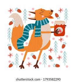 Autumn picture. Cute Fox with a jar of strawberry jam.