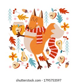 Autumn picture. Cute Fox with a jar of Apple jam.