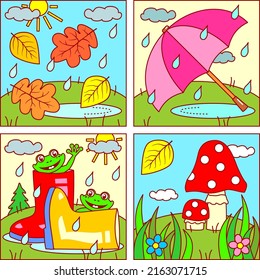Autumn picture icons for designing themed projects - falling leaves, rain, umbrella, rubber boots, playful frogs, puddles, mushrooms
