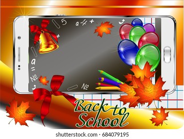 Autumn picture for the sale of school goods, a sticker, a poster, a card, a business card for a children's goods store. School autumn background with cellular phone and maple leaves. Vector image.