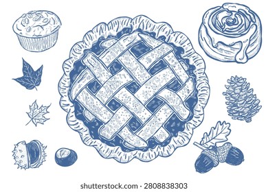 Autumn Pie and Pastry Collection with Acorns Leaves and Vintage Blue Engraving