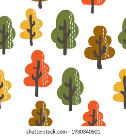 Autumn pine tree on white background, vector autumn pine tree, Autumn seamless pattern with pine tree, Multi colored trees.