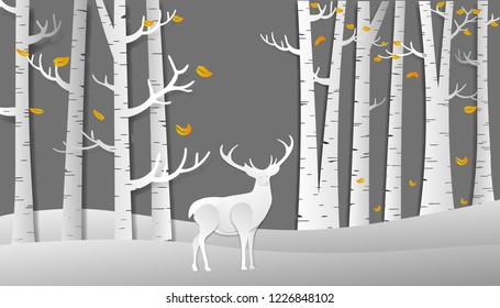 autumn pine in the winter, merry chrismas day and happy new year, paper art