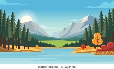 Autumn Pines Lake Flat Design Illustration Scene