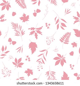 Autumn pink leaves silhouettes seamless vector pattern with white background illustration.