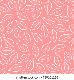 Autumn pink natural background from contours of white leaves. Seamless decorative eco backdrop. Environmental pattern with floral leaves 