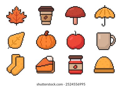 autumn pixel art set of icons, vintage, 8 bit, 80s, 90s game, computer arcade items, thanksgiving, fall season, maple leaf, coffee cup, mushroom, umbrella, pumpkin, apple, socks, pumpkin pie, jam, hat