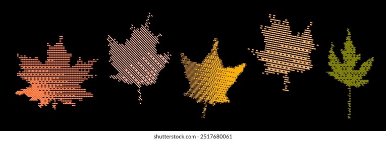 Autumn pixelated leaves vector illustrations set. Collection of embroidery effect foliage. Fall season symbol stitched style. Decorative design element