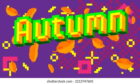 Autumn. Pixelated word with geometric graphic background. Vector cartoon illustration.
