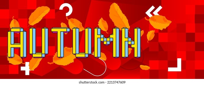 Autumn. Pixelated word with geometric graphic background. Vector cartoon illustration.