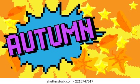 Autumn. Pixelated word with geometric graphic background. Vector cartoon illustration.