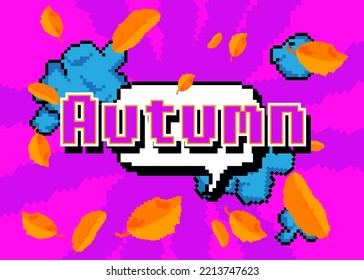 Autumn. Pixelated word with geometric graphic background. Vector cartoon illustration.