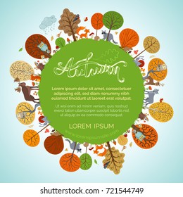 Autumn planet. Vector cute wild animals and woodland elements. Cartoon moose, hedgehog, raccoon, hare, fox, deer, owl, squirrel, wolf, beaver. Autumn trees, bushes and leaves, mushrooms, flowers, rain