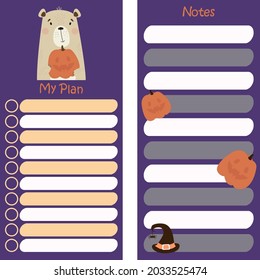 Autumn planner organizer with cute bear with pumpkin for Halloween holiday on purple background with witch hat. A set of vertical templates - my Plan and Notes. Vector illustration