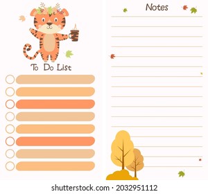 Autumn planner organizer with cute tiger with autumn leaves and trees. A set of vertical templates - To-do list and notes. Vector illustration. Note paper, organizer, time management, planner