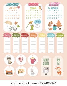 Autumn planner set with stickers, label, to do list. Vector illustration