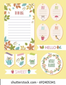Autumn planner set with stickers, label, to do list. Vector illustration