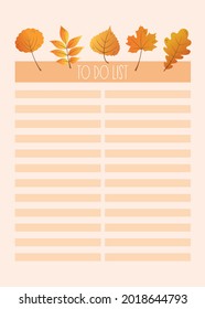 Autumn planner sheet. Fall to-do list. Planner insert or note page template, to do list, schedule, tracker decorated by autumn leaves. Trendy organizer. Business organizer page. Vector illustration. 
