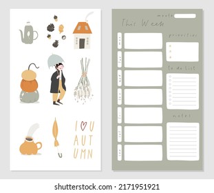 Autumn planner template design. Notes, to do list, weekly schedule. Decorated by cute Fall illustrations scenes and trendy lettering. Cute trendy scheduler or organizer. Flat vector cartoon style