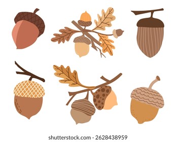 Autumn plant element symbol icon set. Hand drawn illustration simple style.