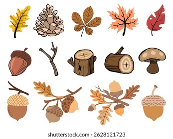Autumn plant icons set. Holiday thanksgiving elements for vacation. Minimalist geometric style. Vector flat illustration
