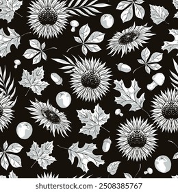 Autumn plant pattern seamless monochrome with fallen leaves from tree and sunflower flowers near apples from fresh harvest vector illustration