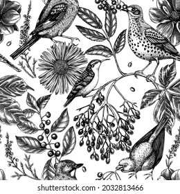 Autumn plants and birds  background. Botanical backdrop with autumn leaves, berries, flowers and bird sketches. Fall season seamless pattern. Perfect for packaging, wrapping paper, textile, web design