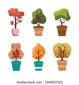 autumn plants in ceramic pots icons vector illustration design