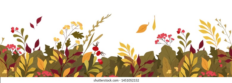 Autumn plants leaves flat vector horizontal background. Seasonal oak, maple tree multicolored foliage. Red dogrose hips, guelder berries. Blooming wildflowers, grass. Fall season herbarium backdrop