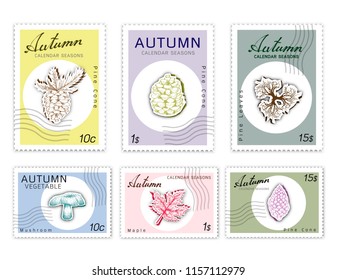 Autumn Plants, Post Stamps Set of Hand Drawn Sketch Maple, Pine Leaves, Pine Cone and Mushroom in Trendy Origami Deep Paper Art Carving Style. 
