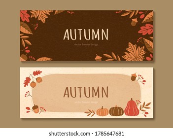 Autumn plants and pumpkins banner set in brown and beige tone