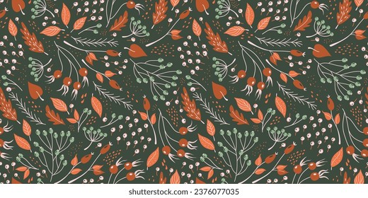 El patrón de las plantas otoñales es fluido. Fondo suave retro con hojas de otoño, bayas y ramas de árbol. Ilustración vectorial del bosque abstracto misterioso.

