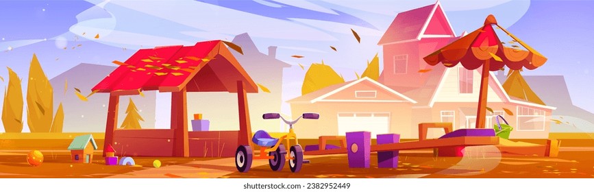 Autumn playground for children. Vector cartoon illustration of house yard with sandbox under parasol, tricycle, seesaw, wooden hut for kids, yellow foliage from trees flying in air, rural neighborhood